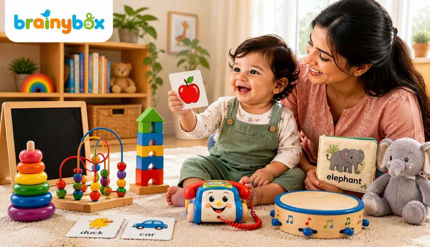 Mother and smiling toddler learning with apple flashcards and wooden toys
